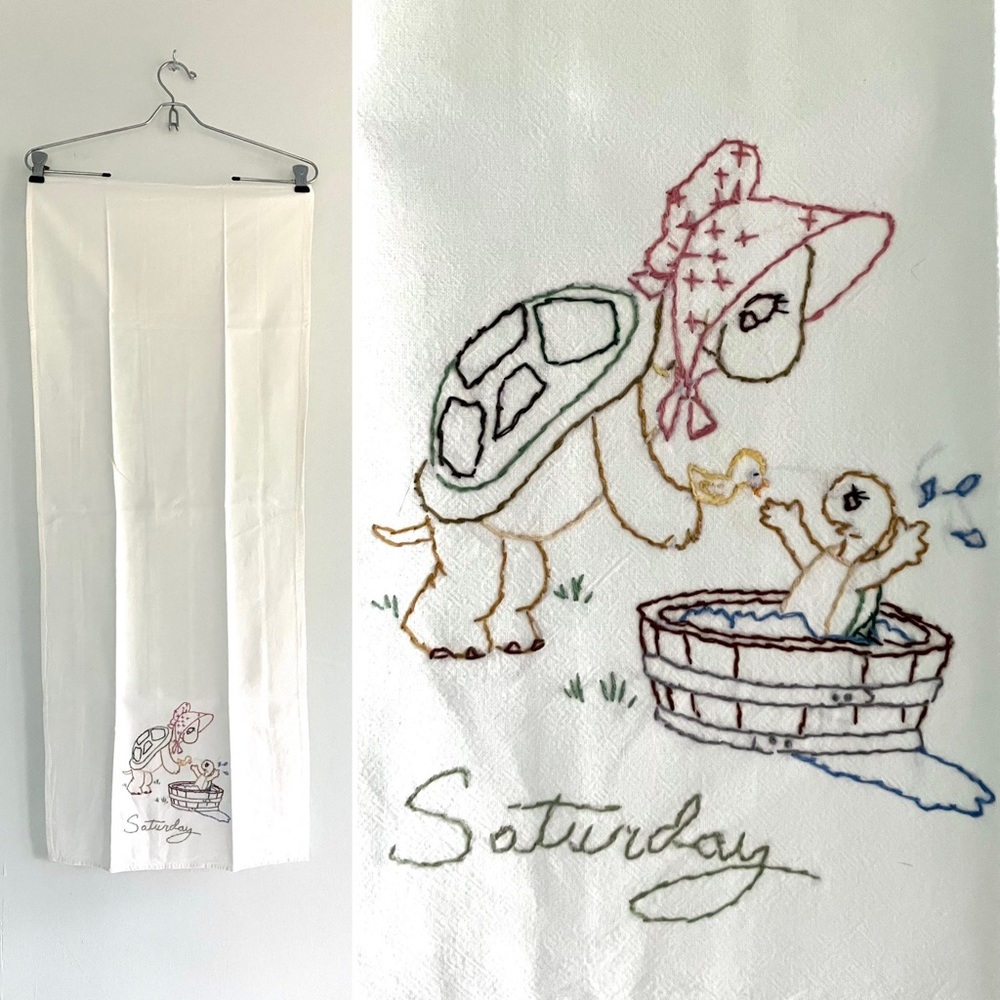 Vintage embroidered turtles mom & baby Saturday white linen kitchen towel
